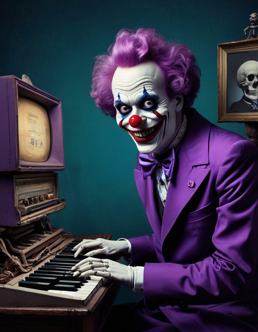 A surreal collage featuring darkly humorous elements like a twisted clown, a skeleton laughing at a computer, and absurd, exaggerated memes in the background. The color scheme is a mix of deep blues and purples, evoking a sense of mystery and darkness, while vibrant accents add an unexpected twist. Incorporate vintage web design elements to reflect the sickest websites theme. surreal, vibrant colors, digital art, dark comedy.